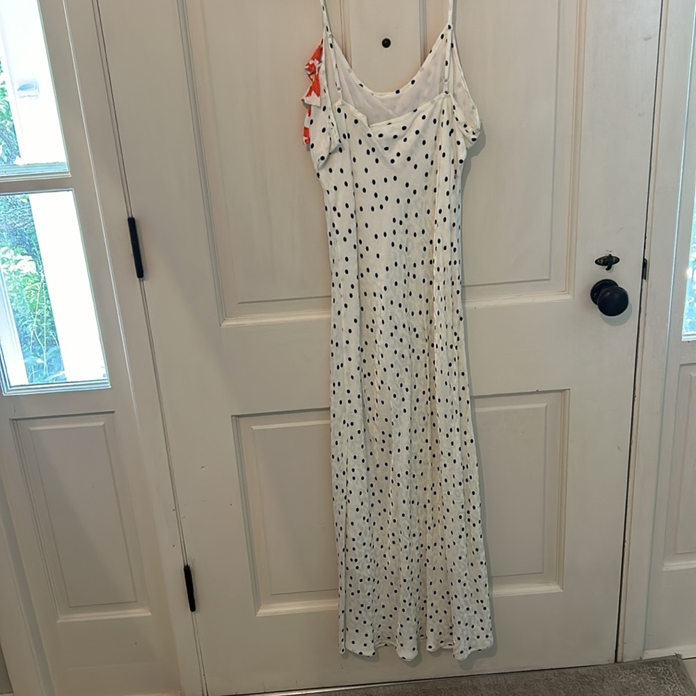 RIXO White Slip Midi Dress with Red Floral Bodice and Black Dot Print - Picture 3 of 4